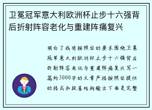 卫冕冠军意大利欧洲杯止步十六强背后折射阵容老化与重建阵痛复兴