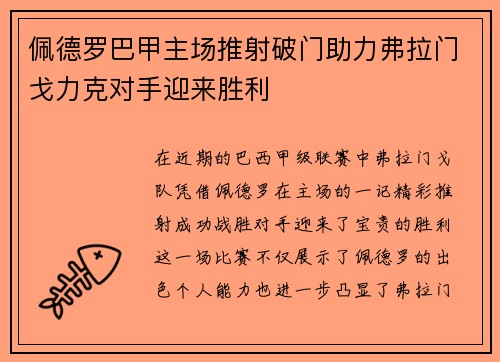佩德罗巴甲主场推射破门助力弗拉门戈力克对手迎来胜利